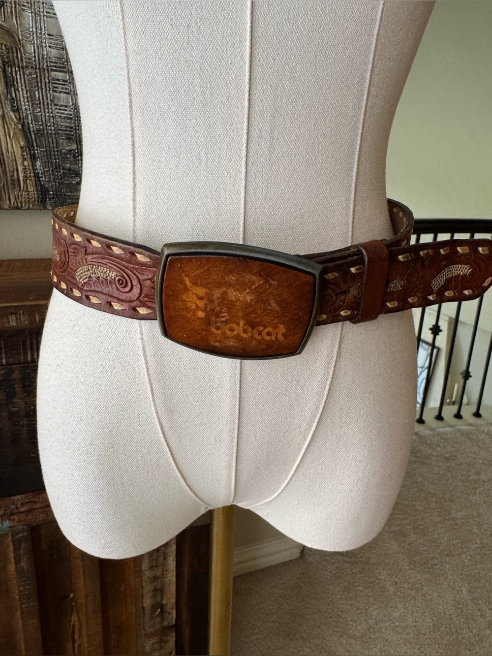Vintage western hand tooled saddle leather belt with “Bobcat” buckle- size 38